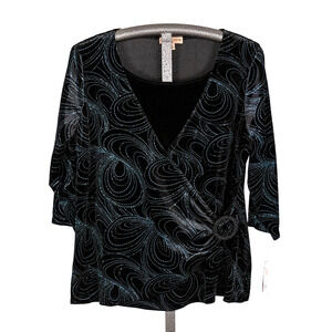 Notations Women's Velvety Velour 2-Fer Twinset Top Size 2X Sparkly Teal Glitter